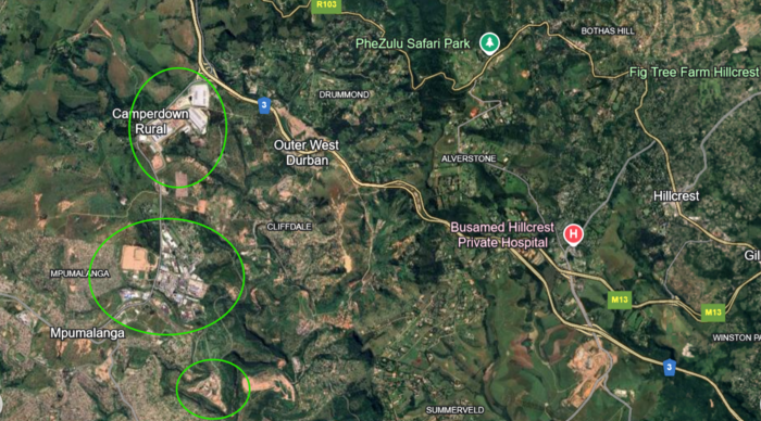 Map of Hammarsdale with key industrial points circled